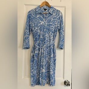Talbots Blue White Floral Belted Shirt Dress Petite Medium Coastal Preppy